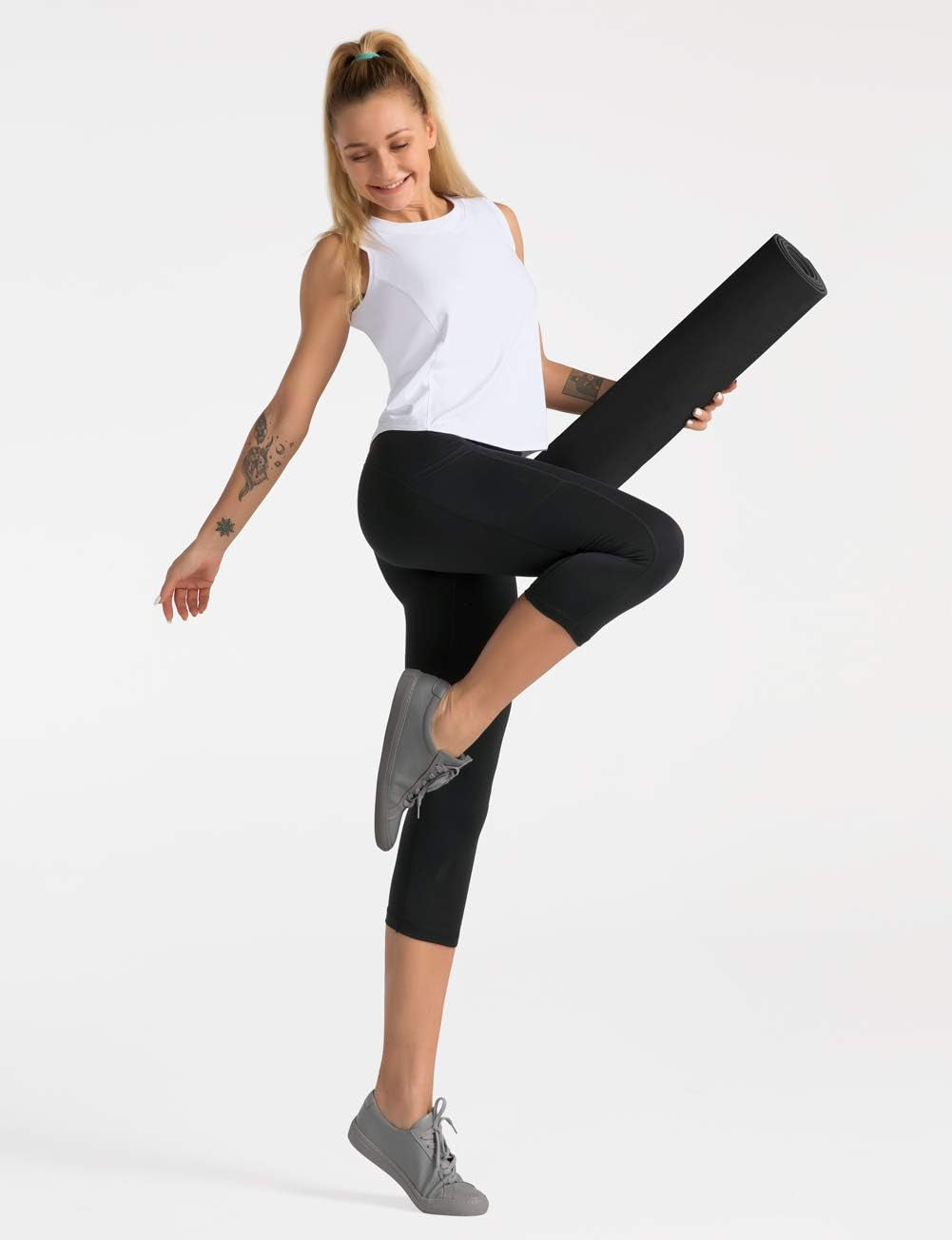 High Waist Yoga Pants Capri with 3 Pockets,Tummy Control Workout Running Capri 4 Way Stretch Yoga Leggings (Large, Capri59N-Black)