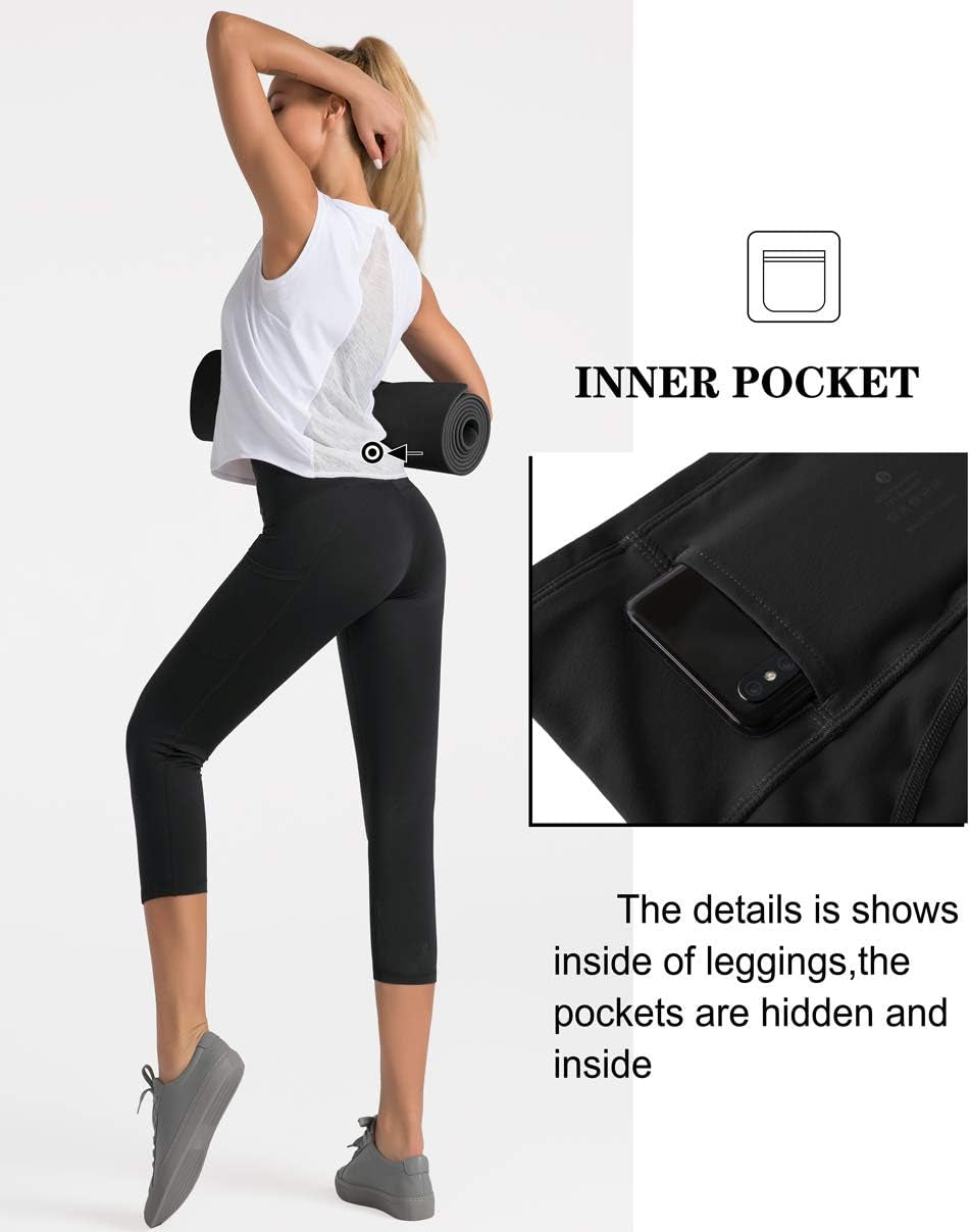 High Waist Yoga Pants Capri with 3 Pockets,Tummy Control Workout Running Capri 4 Way Stretch Yoga Leggings (Large, Capri59N-Black)