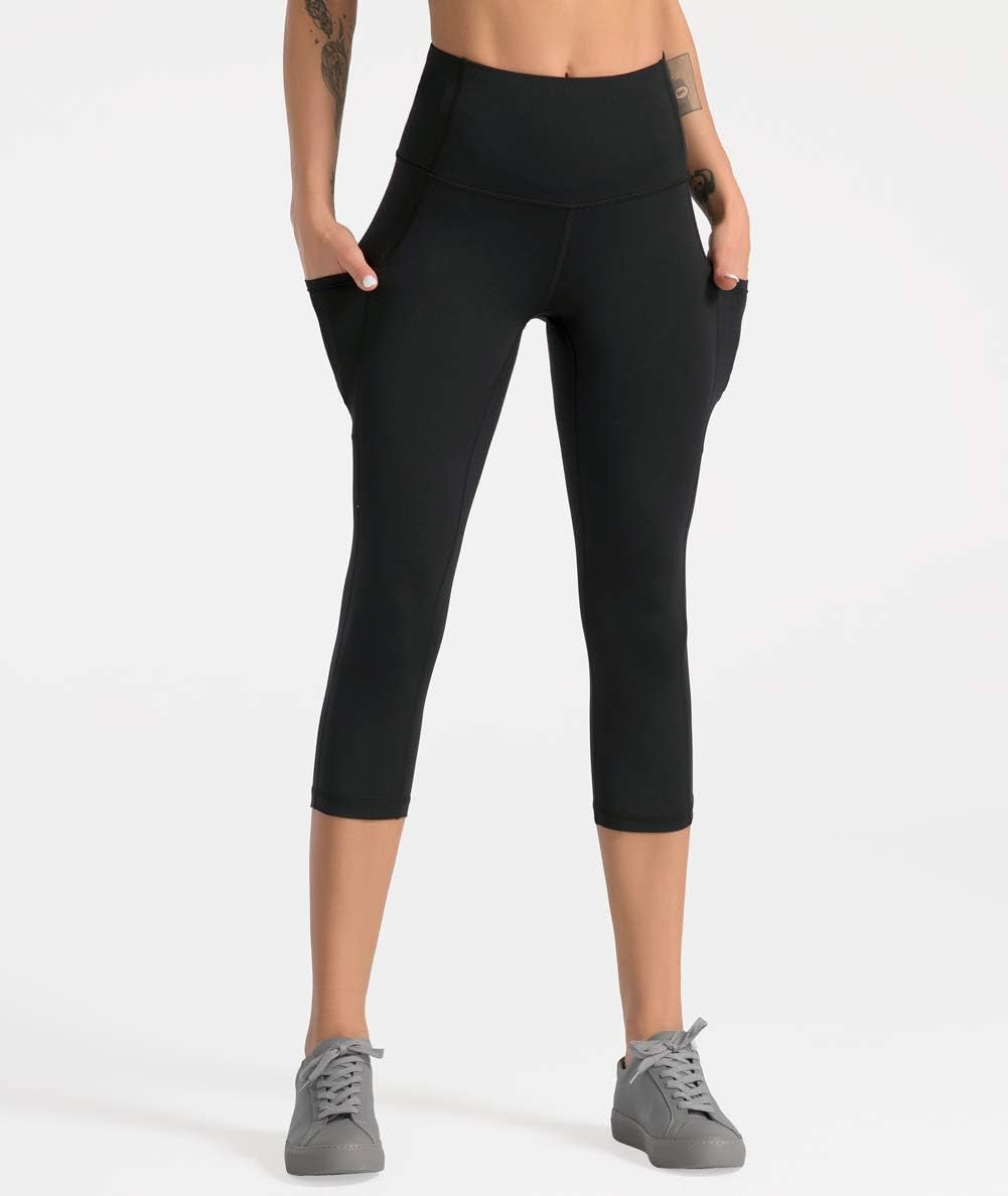 High Waist Yoga Pants Capri with 3 Pockets,Tummy Control Workout Running Capri 4 Way Stretch Yoga Leggings (Large, Capri59N-Black)