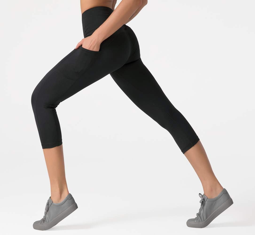 High Waist Yoga Pants Capri with 3 Pockets,Tummy Control Workout Running Capri 4 Way Stretch Yoga Leggings (Large, Capri59N-Black)