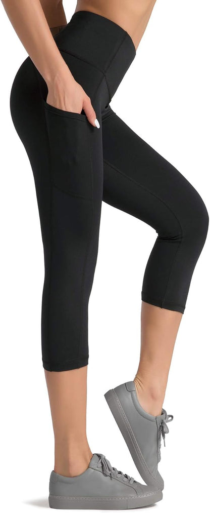 High Waist Yoga Pants Capri with 3 Pockets,Tummy Control Workout Running Capri 4 Way Stretch Yoga Leggings (Large, Capri59N-Black)